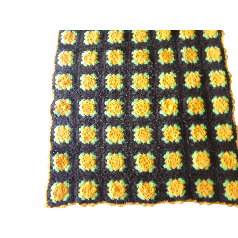 Crochet Blanket/Throw Brown Yellow Raised 3D Flowers Retro Afghan